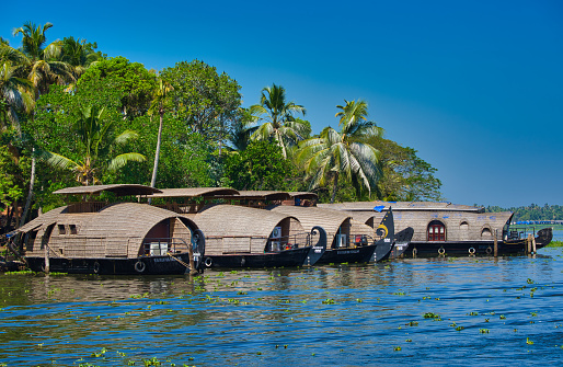 Several boathouses are docked on the shore. Boathouse in Kerala backwaters (known as Kettuvallam), southwestern India. 2018