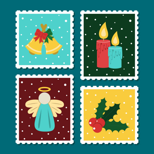 Christmas postage stamp set. Vector cartoon illustration in postmark template. Winter theme collection. Candle, angel, hooly, bell, bow vector art illustration
