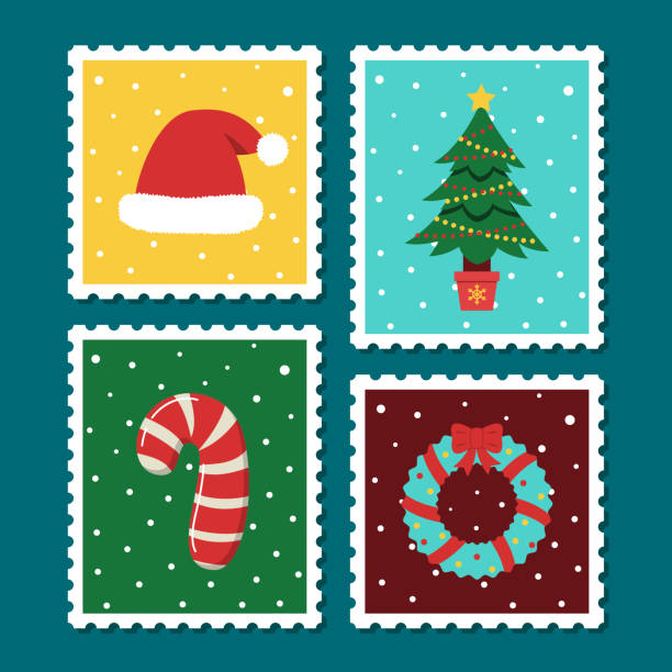 Christmas postage stamp set. Vector cartoon illustration in postmark template. Winter theme collection. Christmas tree, hat, wreath, candy cane vector art illustration