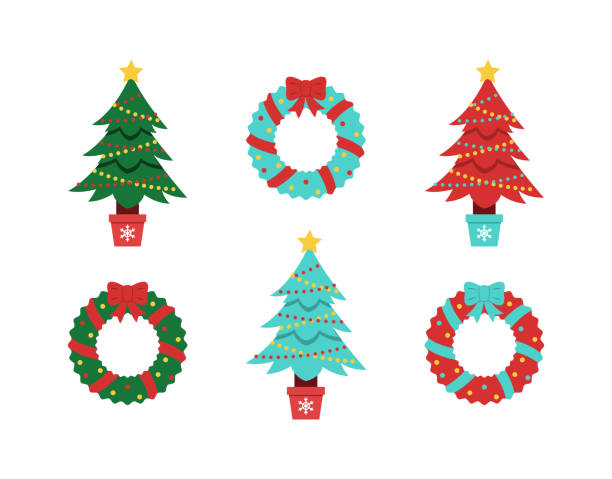 Christmas tree vector collection. Decorated spruce and wreath for winter holidays vector art illustration