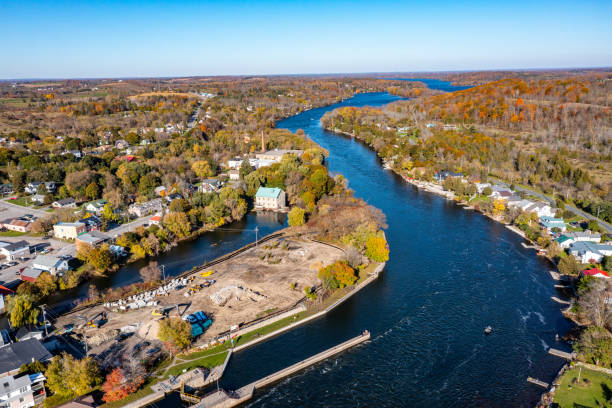 istock Aerial townscape and Trent River, Hastings, Canada 1352572786
