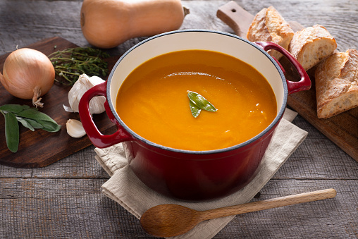 Homemade Roasted Butternut Squash Soup in a Dutch Oven