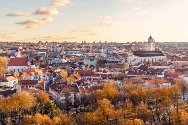 Old Vilnius town autumn panorama during the evening hours, Lithuania