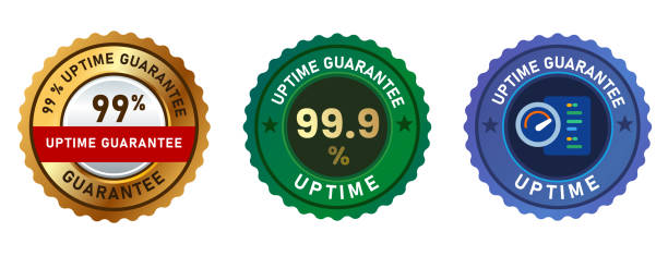 골드 블루와 그린의 99% 서버 웹 호스팅 네트워크 엠블럼 씰 스티커 배지 - uptime stock illustrations