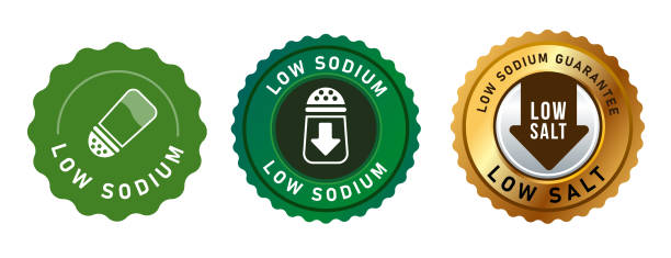 konstrukcja pieczęci o niskiej zawartości soli sodowej izolowana do pakowania w zieloną i złotą okrągłą pieczęć pieczęć - low salt stock illustrations