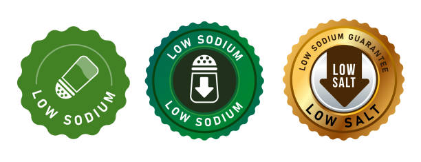 low sodium reduced salt label stamp design isolated for packaging in green and gold round seal stamp low sodium reduced salt label stamp design vector isolated for packaging in green and gold round seal stamp sodium stock illustrations