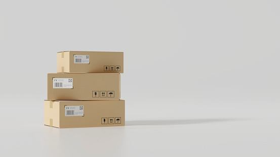 Cardboard boxes with fragile signs and copy space in white background. parcel boxes mockup. 3d rendering, 3d illustration