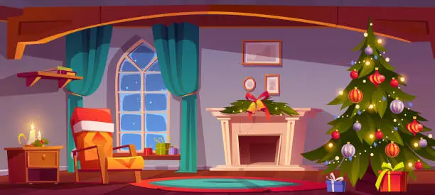 Vector illustration of Room at Christmas night, empty home interior.