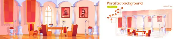 Vector illustration of Parallax background dining room interior in castle