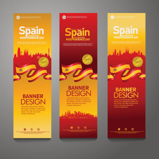 ilustraciones, imágenes clip art, dibujos animados e iconos de stock de españa feliz día de la independencia celebración del confeti fondo conjunto de pancartas verticales - bandera española