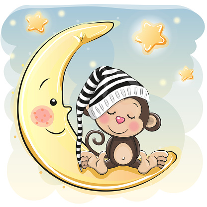 Cute Cartoon Monkey is sleeping on the moon