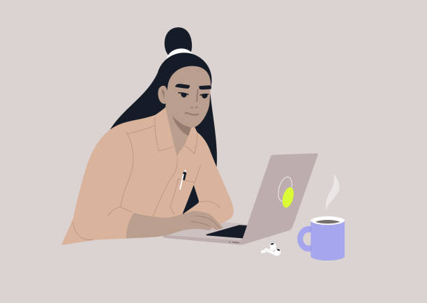 A young female Asian character focused on their work, a workplace scene, daily routine A young female Asian character focused on their work, a workplace scene, daily routine gen z stock illustrations