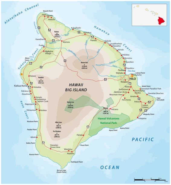straßenkarte der größten hawaiianischen insel, big island, hawaii - hawaii inselgruppe stock-grafiken, -clipart, -cartoons und -symbole