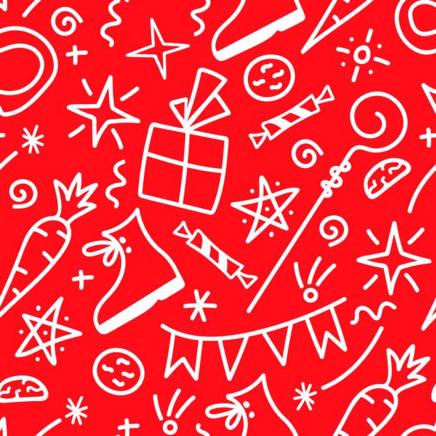 stockillustraties, clipart, cartoons en iconen met simple vector seamless pattern. the traditional holiday is st. nicholas day, sinterklaas. for wrapping paper prints, gifts, textiles. white outline on a red background. - sinterklaas