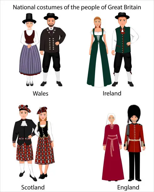 Vector illustration of National costumes of the people of Great Britain. A woman and a man in folk national costumes of Ireland, Scotland, Wales and England. Vector illustration