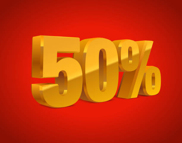 istock 50 percent off, sale background, golden-yellow metal object 3D. Eps10 Vector. 1352593873