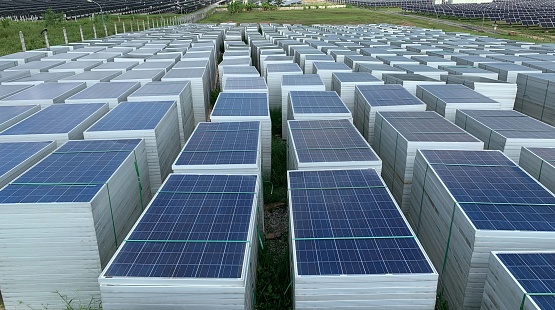 where old solar panels are stored for destruction, Alternative energy to conserve the world's energy, Photovoltaic module idea for clean energy production.