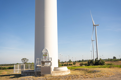 Wind turbines are alternative electricity sources, the concept of sustainable resources, Beautiful sky with wind generators turbines, Renewable energy.
