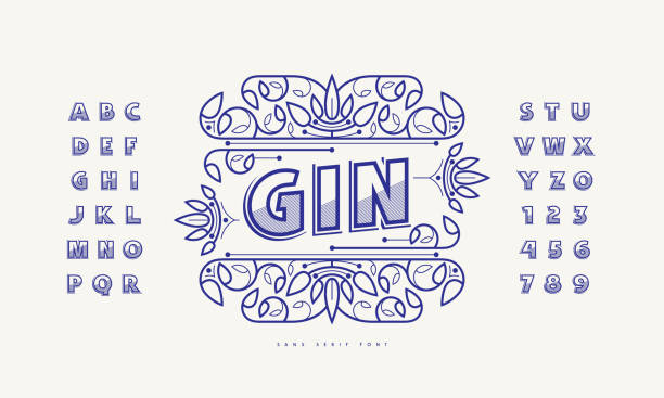 Decorative label for gin and ornate sans serif font Decorative label for gin and ornate sans serif font. Hollow letters with hatching and shadow. Vector illustration gin stock illustrations