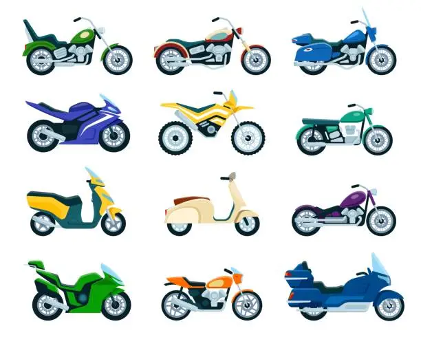 Vector illustration of Motorcycles, motorbike, delivery scooter, chopper flat icon. Vintage motorcycle, side view different types of motorbiking vehicles vector set