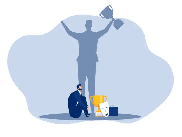 Vector illustration of Imposter syndrome.man standing for her present profile with fear shadow behind. Anxiety and lack of self confidence at work; the person fakes is someone else concept