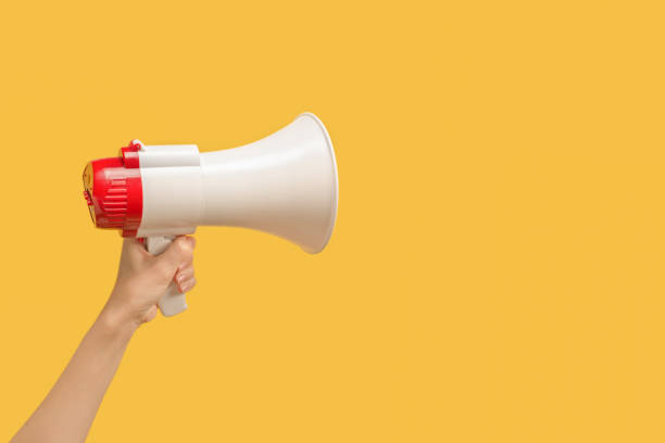 istock Megaphone in woman hands on a yellow background. 1352598148