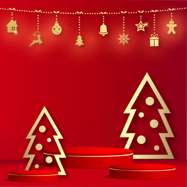 istock Happy New Year background with red podium and golden pine tree. Vector 1352599493