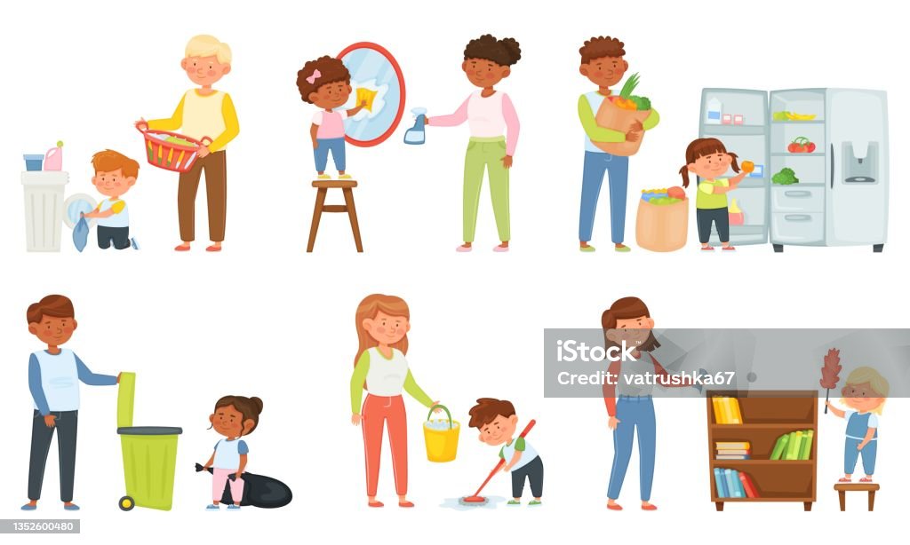 Cartoon Children Helping With Housework Parents With Kids Cleaning House  Family Doing Laundry Mopping Floor Taking Out Garbage Vector Set Stock  Illustration - Download Image Now - iStock