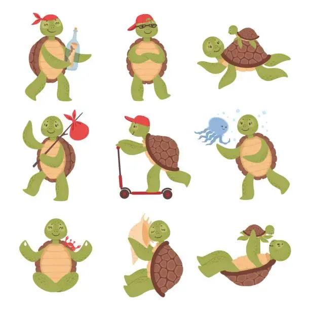 Vector illustration of Cartoon cute turtles, funny turtle characters. Happy tortoise in various poses, swimming or doing yoga, friendly aquatic animal vector set