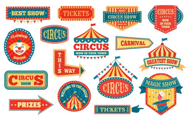 Circus labels, carnival signs and badges, funfair signboards. Vintage magic show sign, amusement park or festival event emblems vector set Circus labels, carnival signs and badges, funfair signboards. Vintage magic show sign, amusement park or festival event emblems vector set. Carnival, prizes and tickets pointers, festival advert traveling carnival stock illustrations