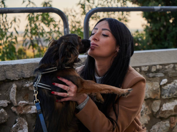 istock Brunette woman play with little dog 1352603781