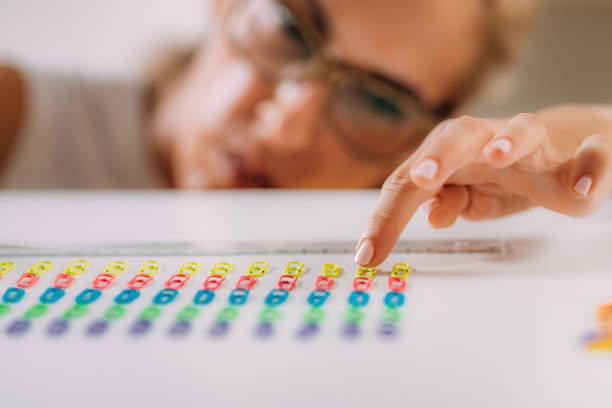 woman with ocd. obsessive compulsive disorder concept. placing paperclips in a straight line. - obsessive imagens e fotografias de stock