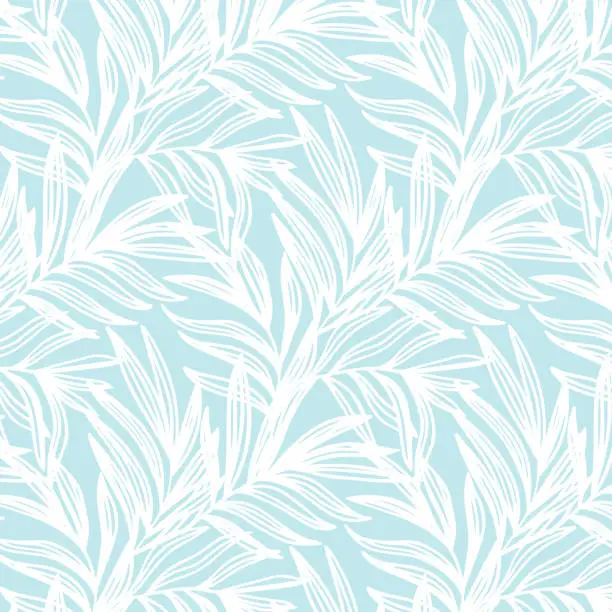 Vector illustration of Tropical seamless pattern print with white palm leaves on blue background