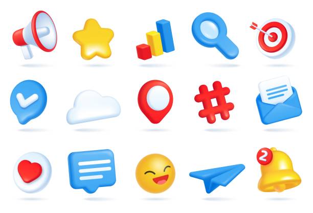 ikony mediów społecznościowych 3d, ikony marketingu cyfrowego i reklamy. serce jak, megafon, emoji, powiadomienie dzwonkiem, zestaw wektorowy symboli bąbelków czatu - cloud three dimensional symbol technology stock illustrations