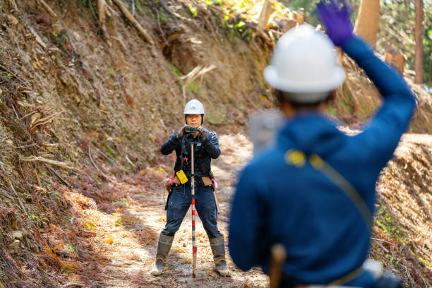 istock Two consultants using surveying equipment at a selective logging site 1352608383