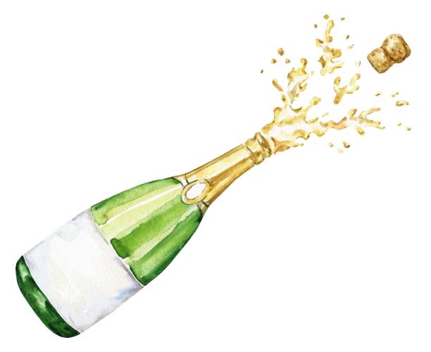 illustrazioni stock, clip art, cartoni animati e icone di tendenza di bottiglia di champagne acquerellata su sfondo bianco. illustrazione di cibo ad acquerello. - champagne cork