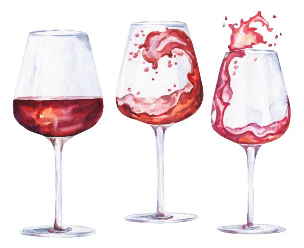 유리에 수채화 레드 와인. 수채화 음식 세트, 손으로 그린 일러스트. - wineglass wine glass red wine stock illustrations