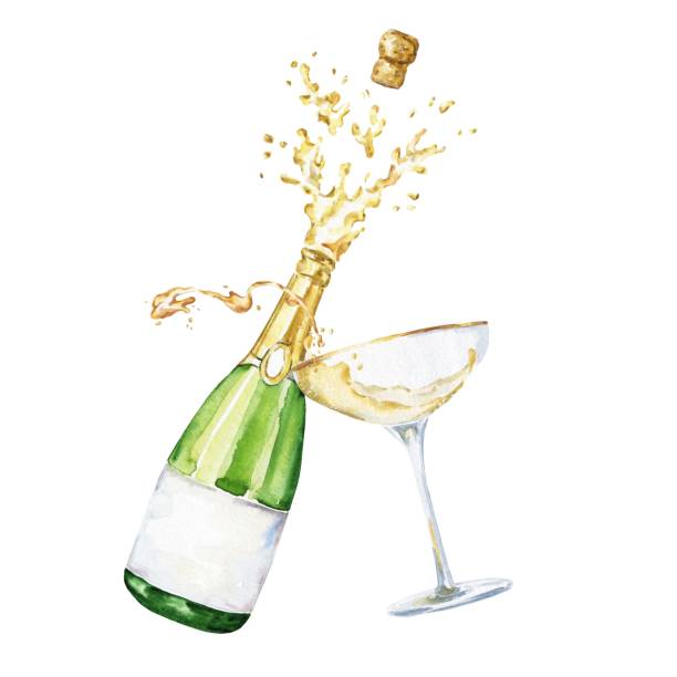 illustrazioni stock, clip art, cartoni animati e icone di tendenza di bottiglia di champagne scoppiante con vetro. illustrazione della bevanda ad acquerello. - champagne