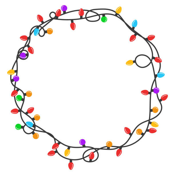 ilustrações, clipart, desenhos animados e ícones de moldura redonda lâmpada de natal colorida - christmas frame wreath garland