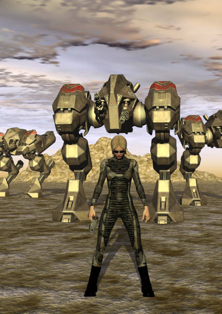 istock Futuristic soldier with gun and robots, 3d illustration 1352609457