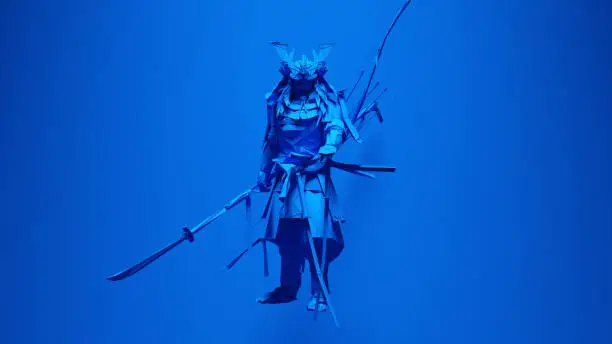 Blue Samurai Post-Punk Warrior with Blue Background 3d illustration render