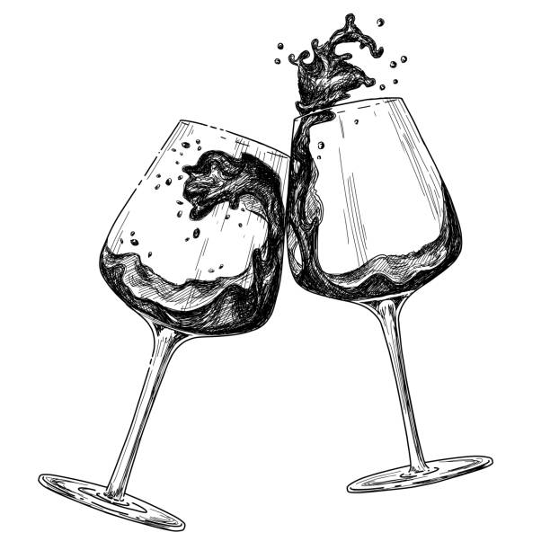 ręcznie rysowany tusz, wino. rzeźbiąca ilustracja napoju vintage izolowana na białym tle. rysunek wektorowy. - glass wineglass empty dishware stock illustrations