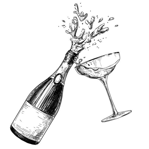 ręcznie rysowany tusz, wino. rzeźbiąca ilustracja napoju vintage izolowana na białym tle. rysunek wektorowy. - champagne stock illustrations