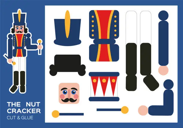 Vector illustration of Nutcracker Cut and Glue. Traditional New Year Figurine Nutcracker. DIY Soldier. Worksheets for kids. Activity page. Happy Christmas paper craft game for children. Super motor skills.