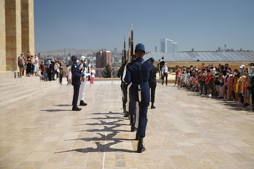 Ankara, Turkey - July 30, 2021: Soldiers march for changing of the guard ceremony in Anitkabir. Anitkabir is the mausoleum of Ataturk, the founder and first President of the Republic of Turkey.