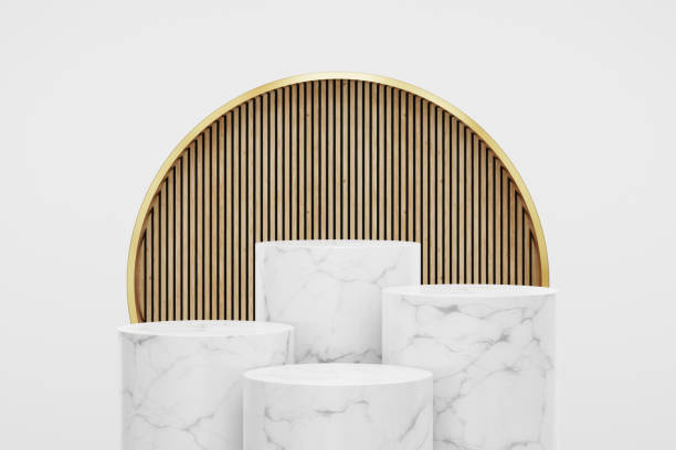 istock Cylinder step white marble podium with wood feature wall background in luxury studio scene. 1352613239