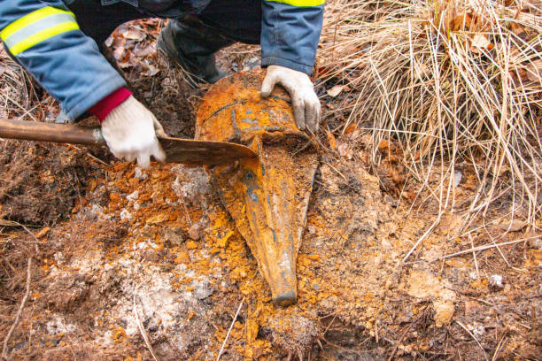 istock Man hands keep old iron fragments, clean them from dirt, clay, land and rust, after searching and producing scrap metal in forest. 1352613856
