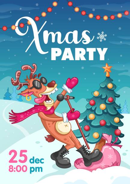 plakat z zaproszeniem na przyjęcie świąteczne, śpiewający fajny renifer z mikrofonem i choinką - christmas singing music star shape stock illustrations