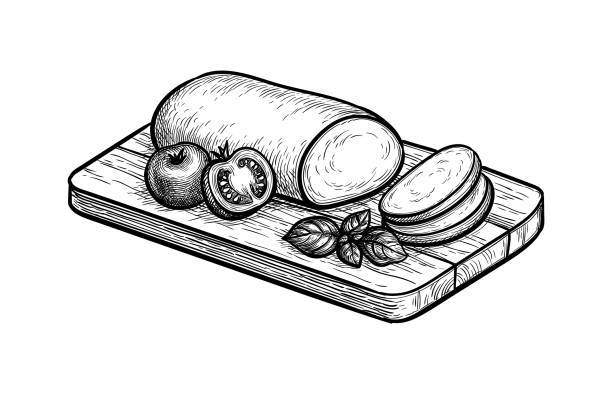 illustrazioni stock, clip art, cartoni animati e icone di tendenza di mozzarella con pomodori e basilico. - mozarella sul tavolo