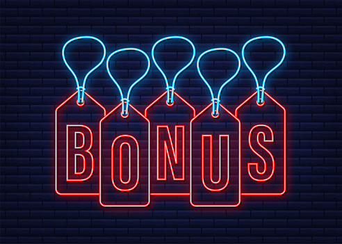 Bonus Hangtags sale neon sign. Vector stock illustration